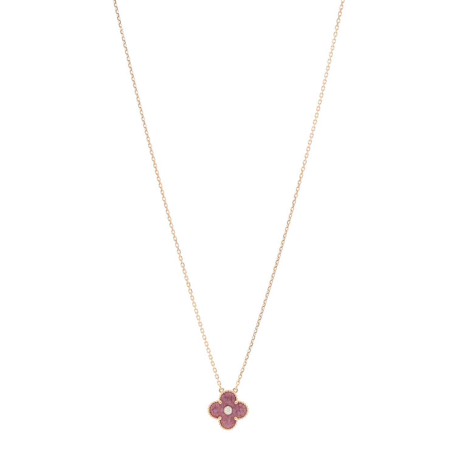 Van Cleef & Arpels 18K Rose Gold Diamond Rhodonite Vintage Alhambra Pendant Necklace 1 of 6
