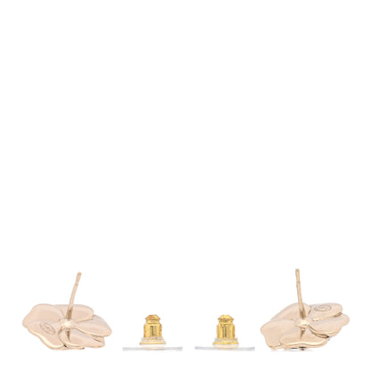 Chanel Metal Resin Pearl CC Camellia Stud Earrings Gold Black 3 of 5