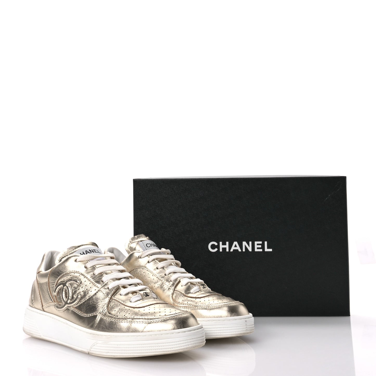Laminated Calfskin CC Womens Sneakers 41 Golden