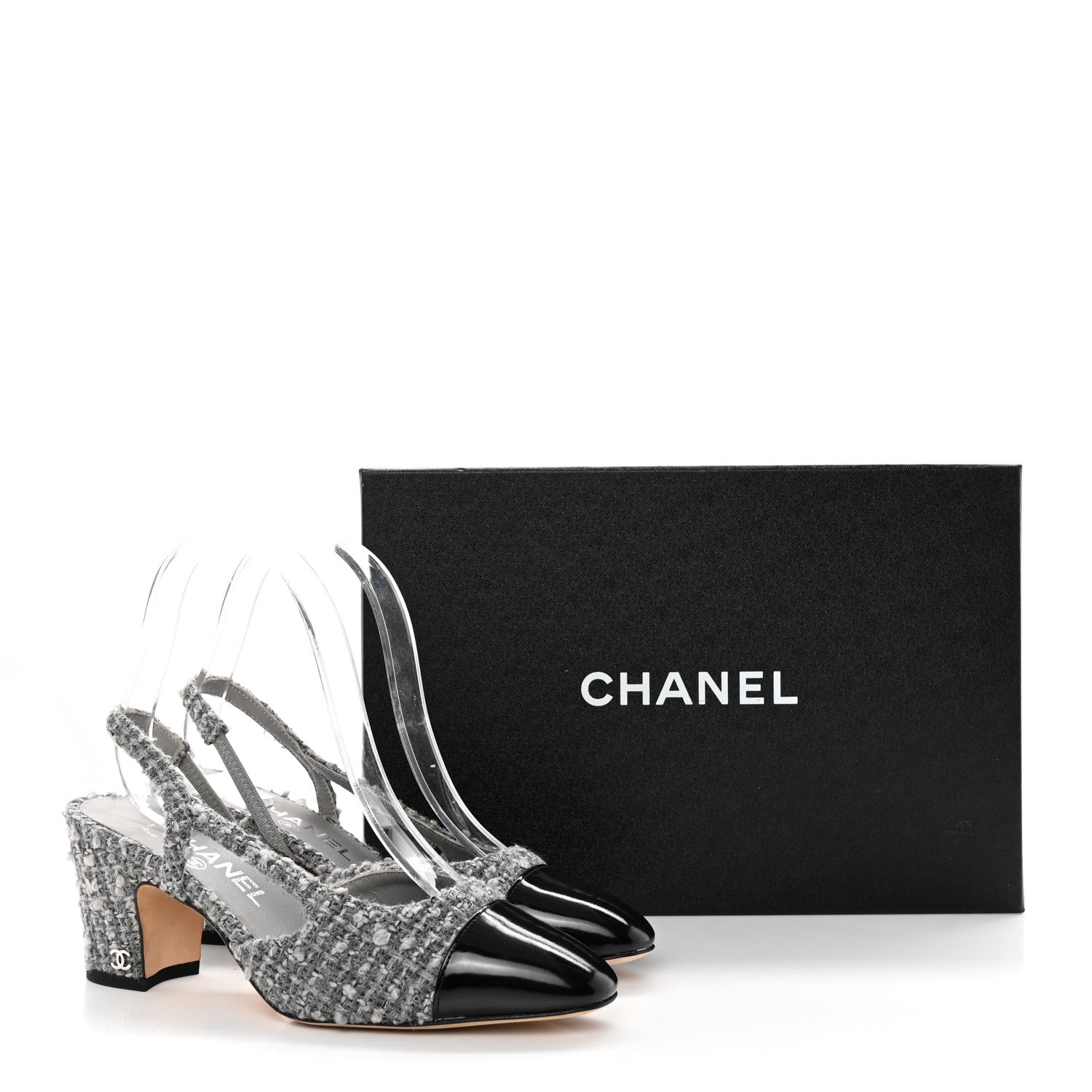 Chanel Tweed Patent Cap Toe CC Slingback Pumps 36.5 Gray 16 of 16