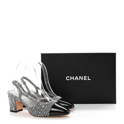 Chanel Tweed Patent Cap Toe CC Slingback Pumps 36.5 Gray 16 of 16