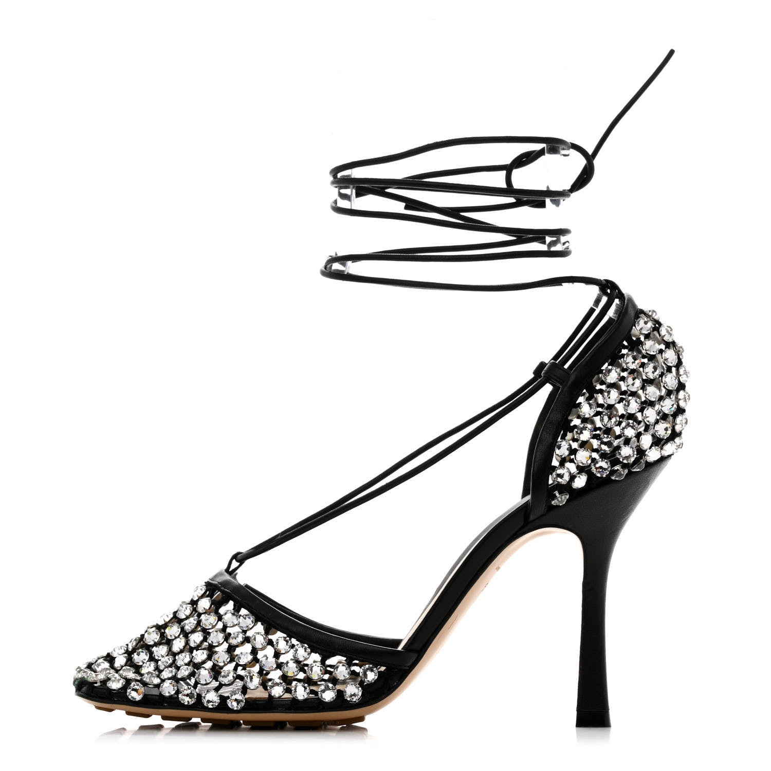 Bottega Veneta Mesh Nappa Crystal Embellished Sparkle Stretch Ankle Tie Sandals 39.5 Black 1 of 7