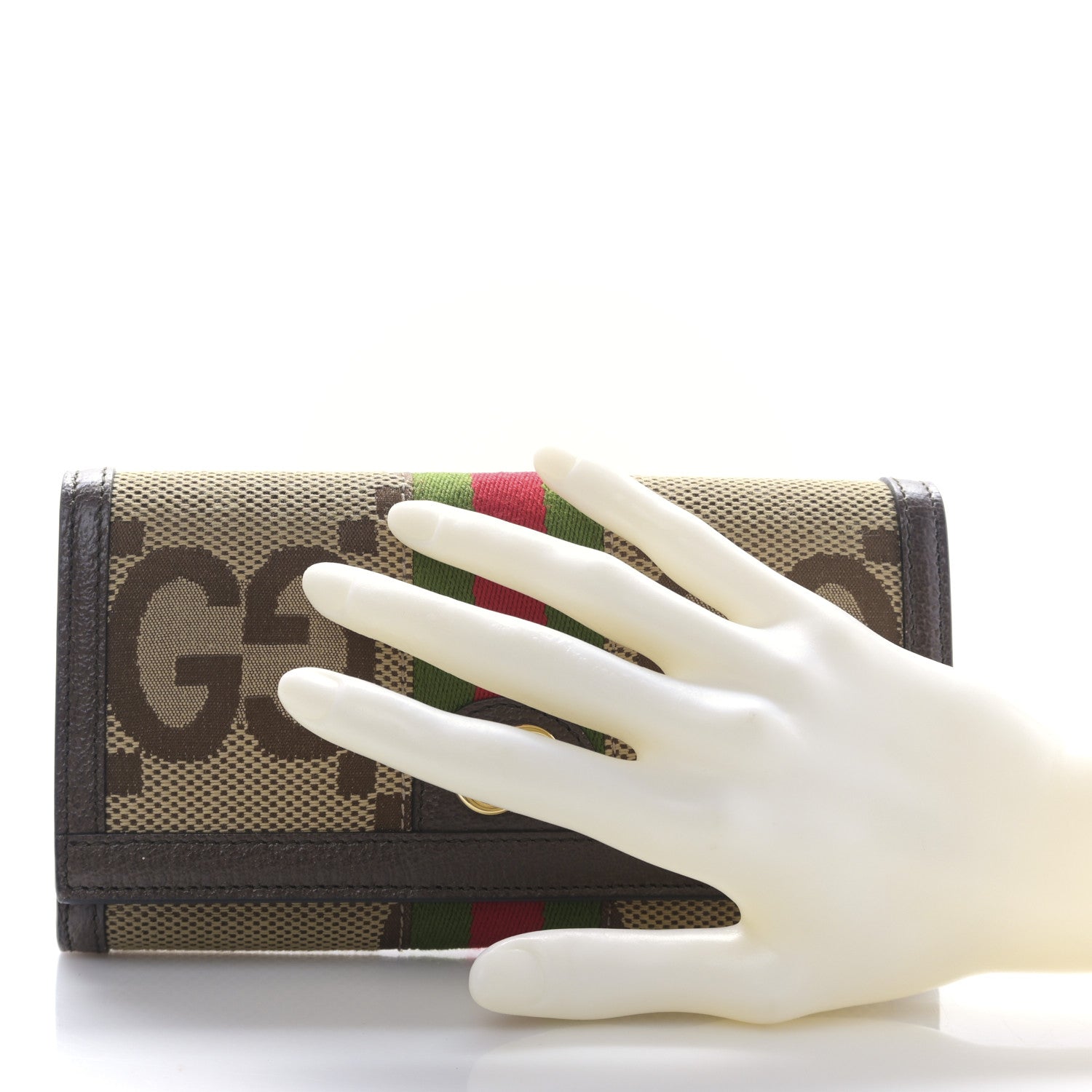 Gucci Monogram Jumbo GG Textured Dollar Calfskin Web Ophidia Continental Wallet Camel Ebony New Acero 2 of 10