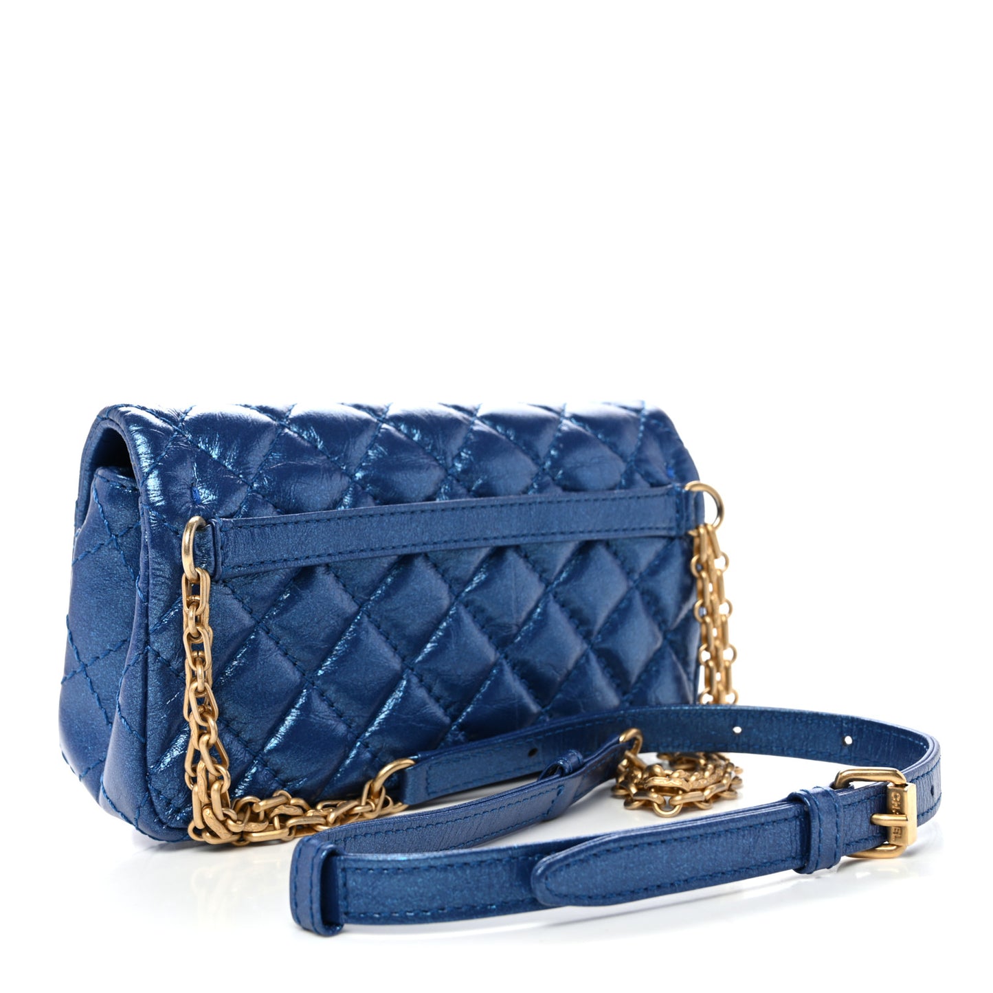 Metallic Aged Calfskin Quilted 2.55 Reissue Flap Belt Bag Clutch Blue