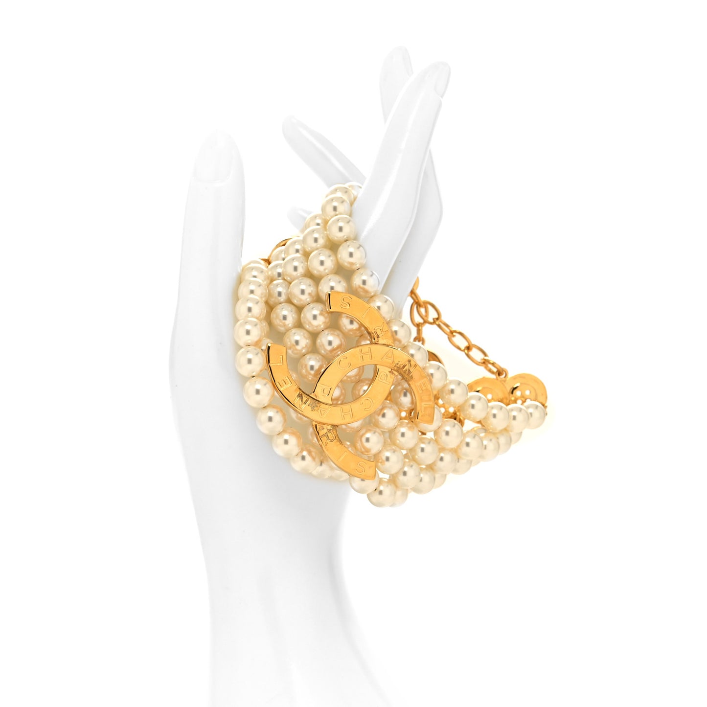 Pearl Metal CC Paris Button Multistrand Bracelet Gold White