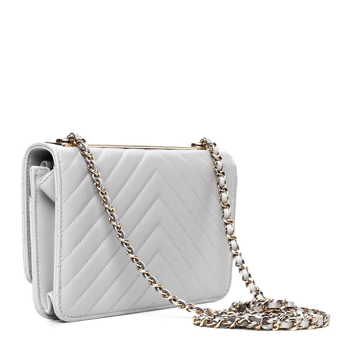 Lambskin Chevron Quilted Trendy CC Wallet On Chain WOC Grey