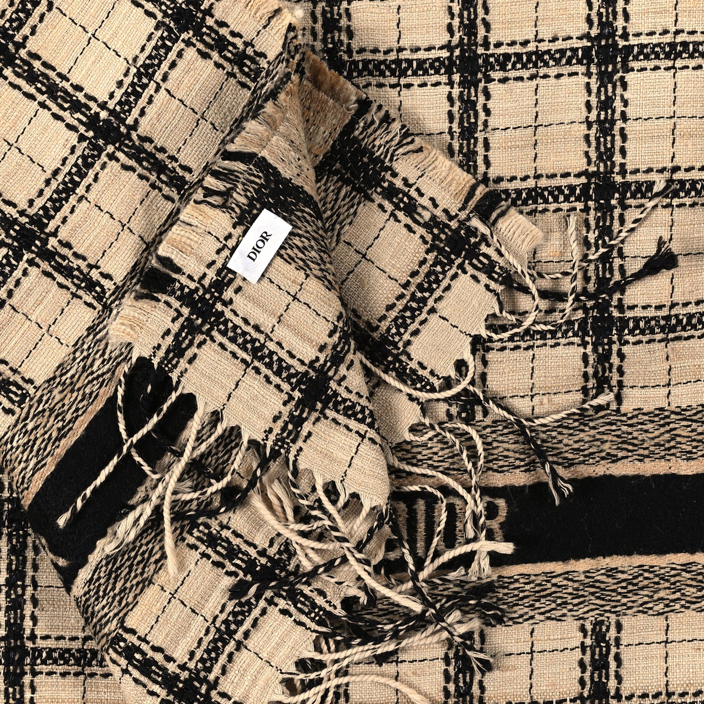 Wool Silk Fringe Scarf Beige Black