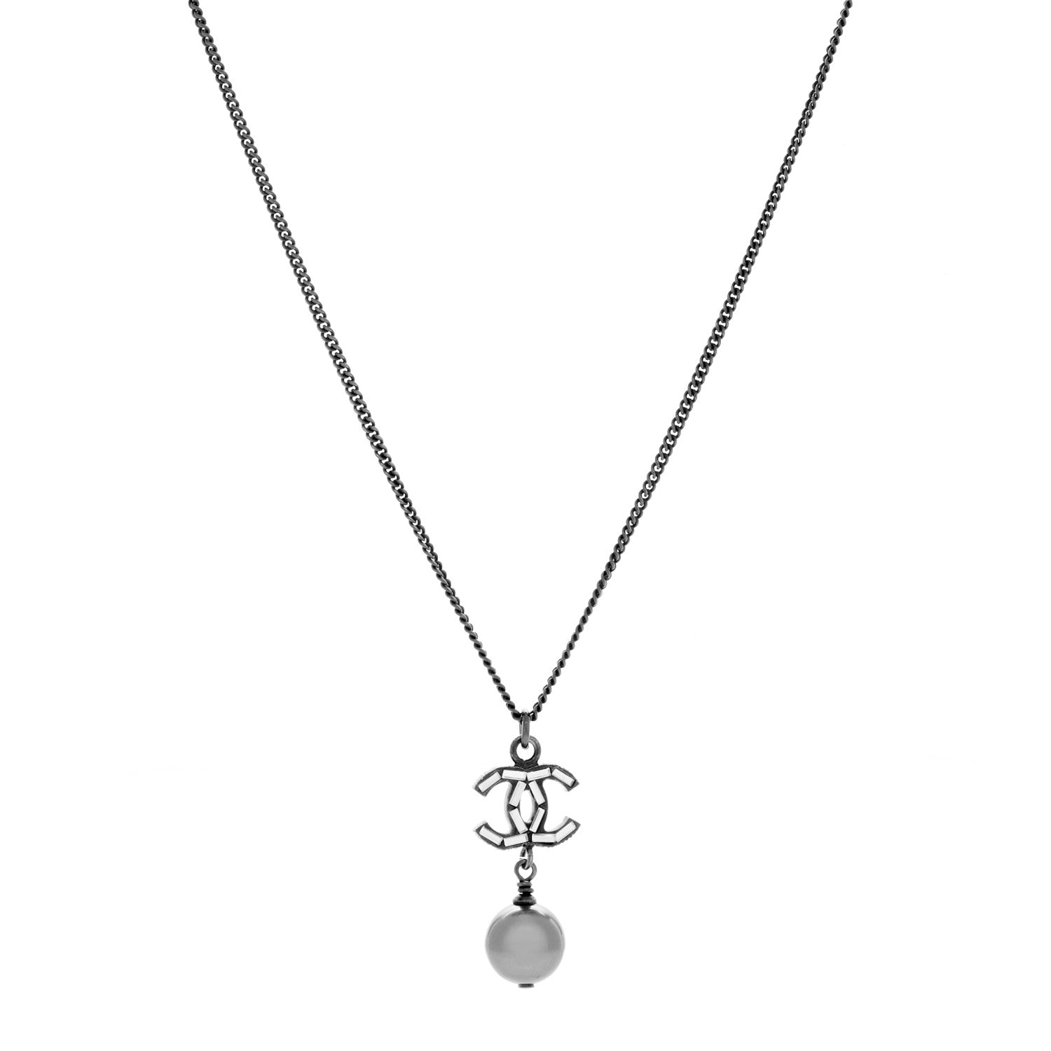 Chanel Baguette Crystal CC Pearl Drop Necklace Ruthenium Black 1 of 3