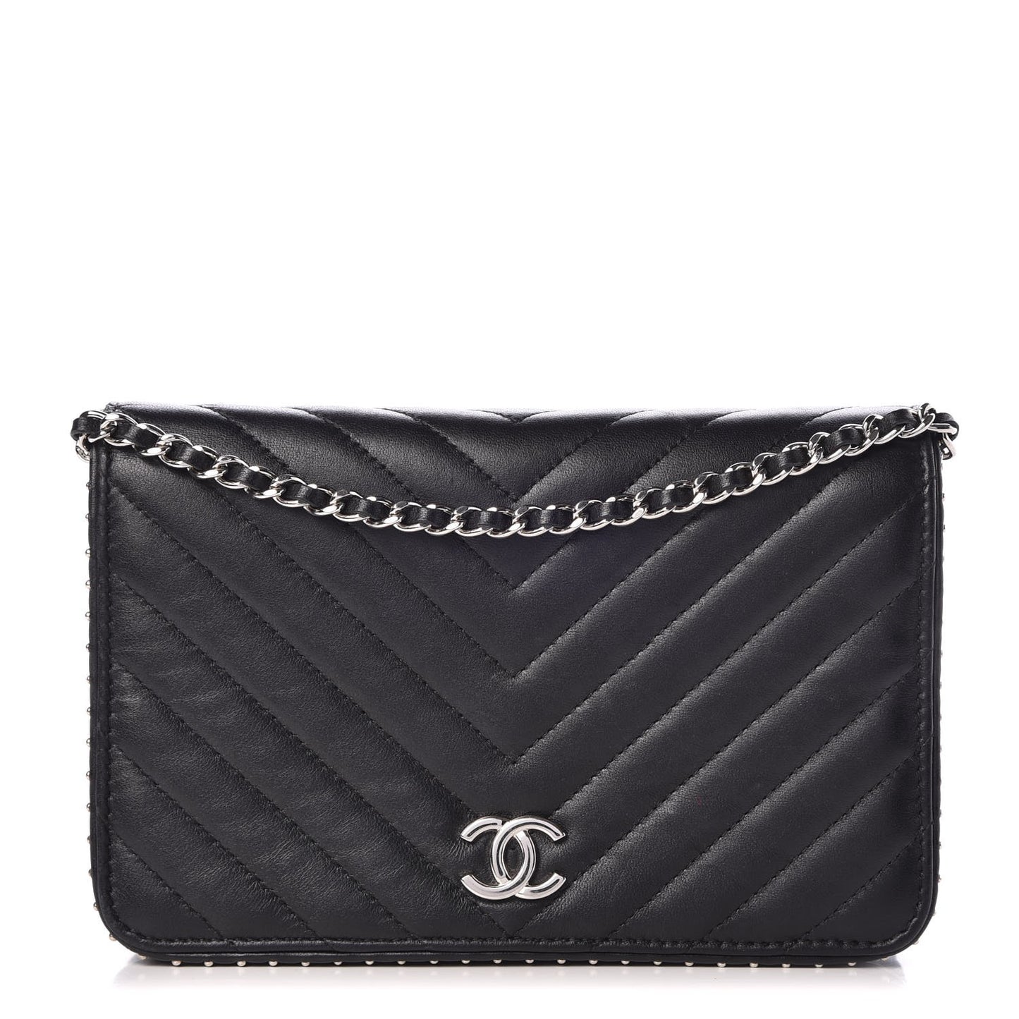 Lambskin Chevron Quilted Studded Wallet On Chain WOC Black
