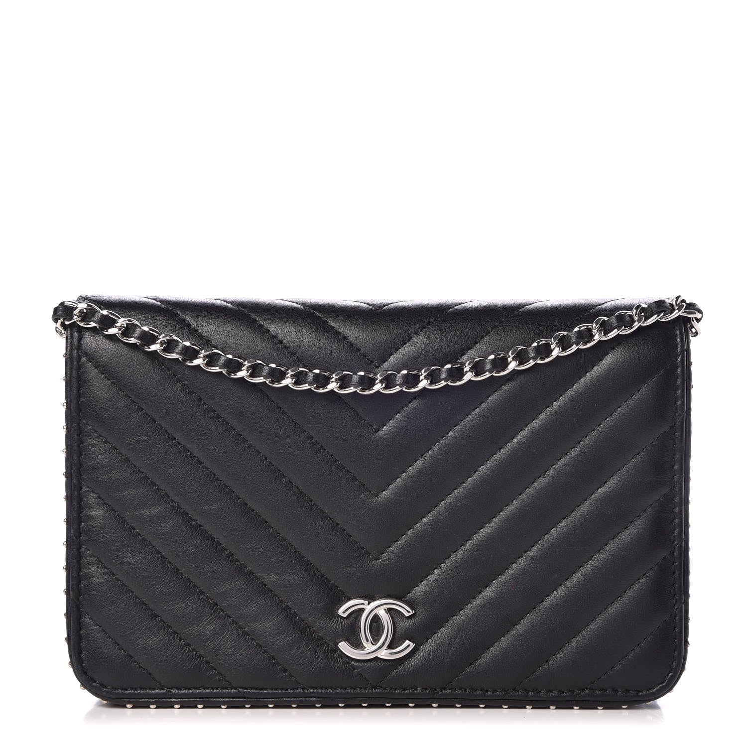 Chanel Lambskin Chevron Quilted Studded Wallet On Chain WOC Black 1 of 13