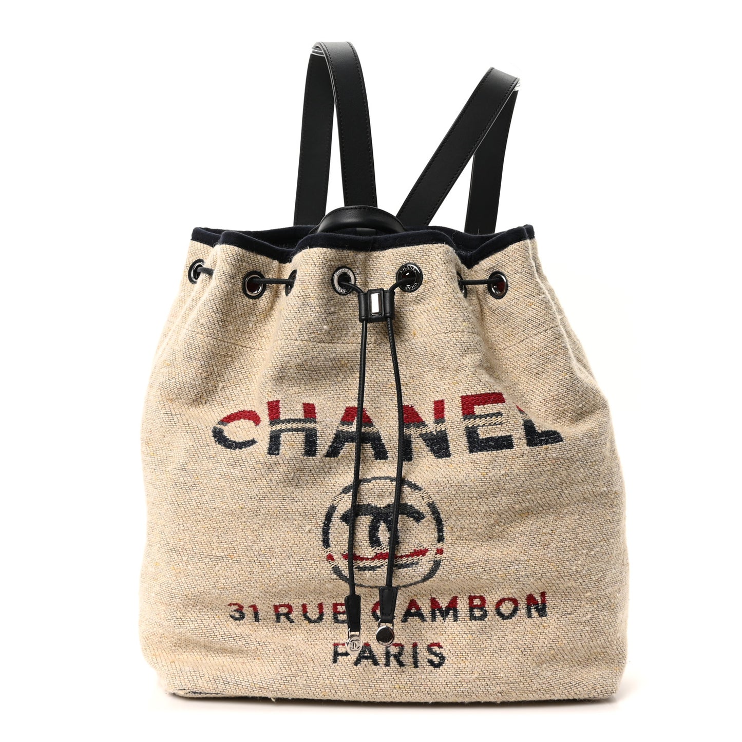 Striped Canvas Large Deauville Backpack Beige