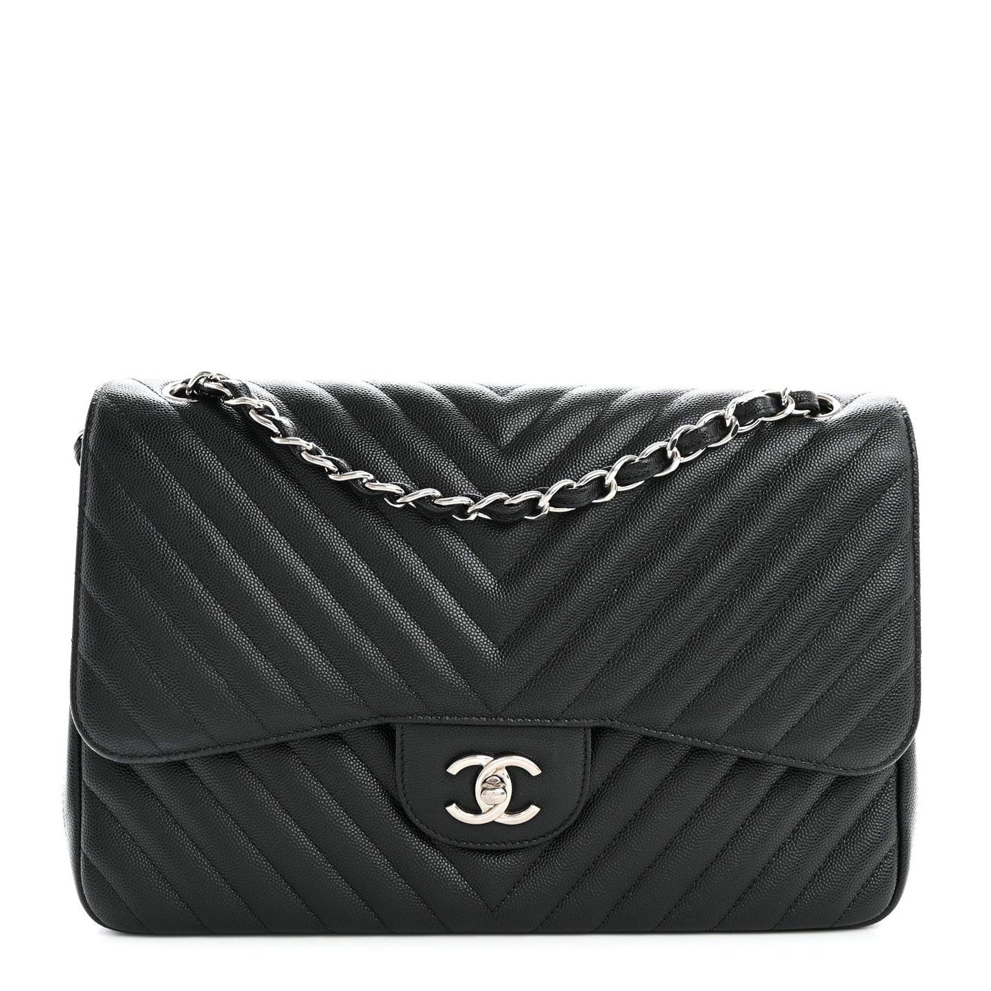 Iridescent Caviar Chevron Quilted Jumbo Double Flap Black