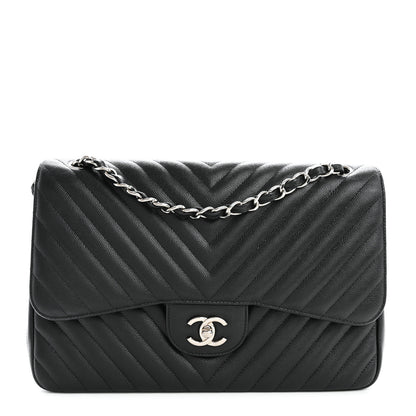 Chanel Iridescent Caviar Chevron Quilted Jumbo Double Flap Black 1 of 10