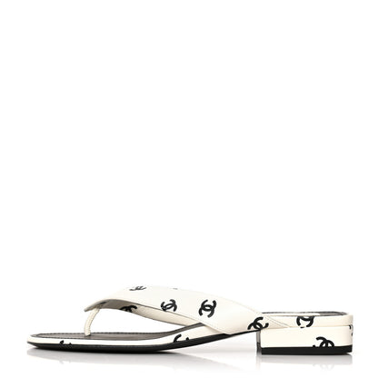Chanel Lambskin Printed CC Thong Sandals 38 White Black 1 of 9