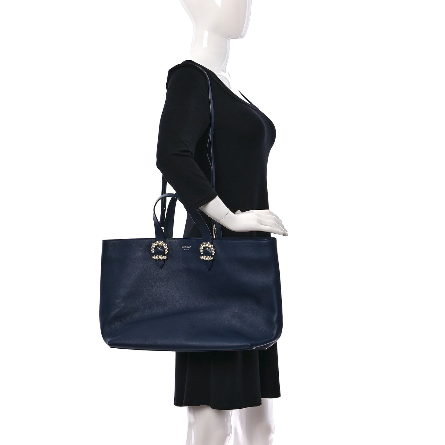 Calfskin Crystal Buckle Shopping Tote Navy Blue