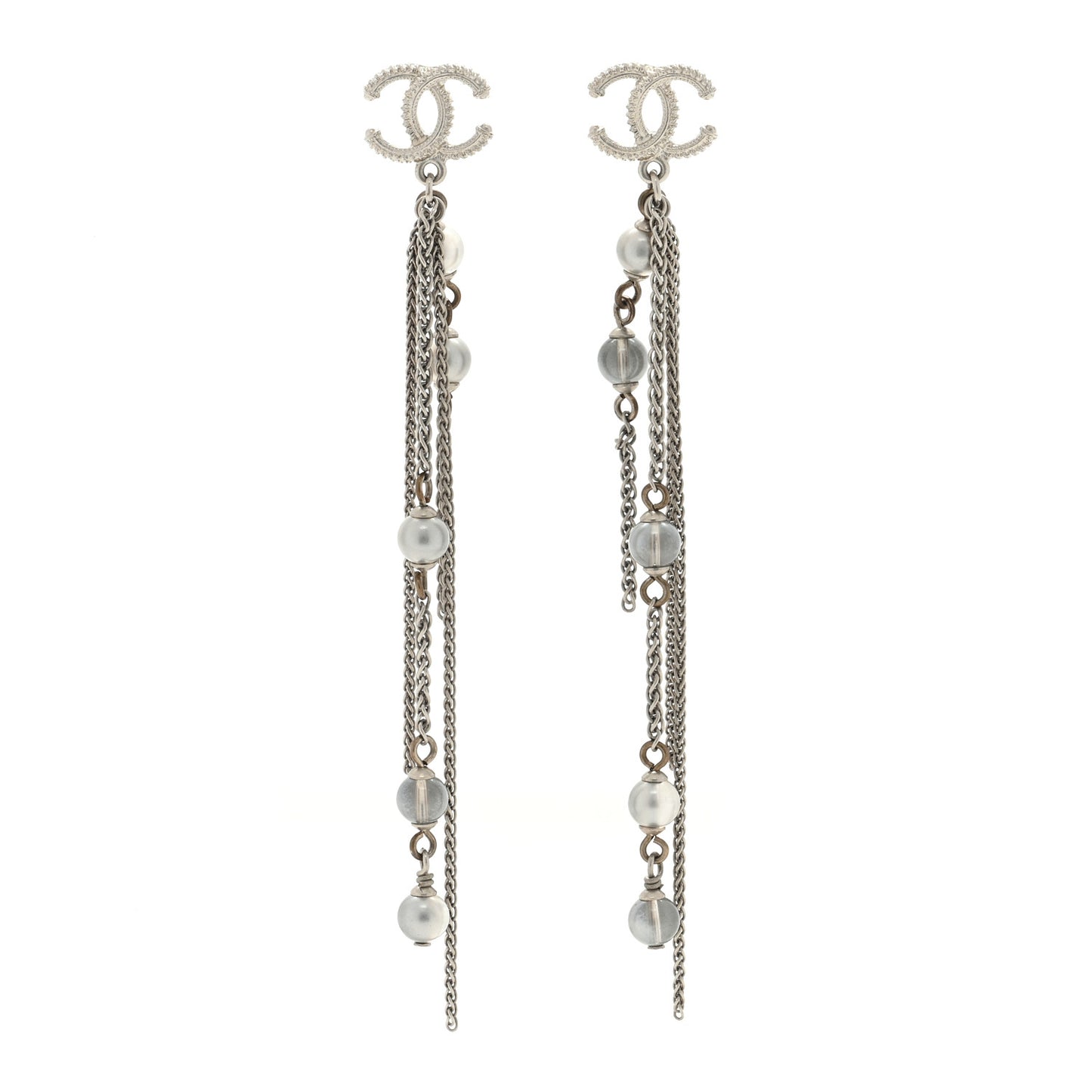Metal Chain Pearl CC Drop Earrings Silver