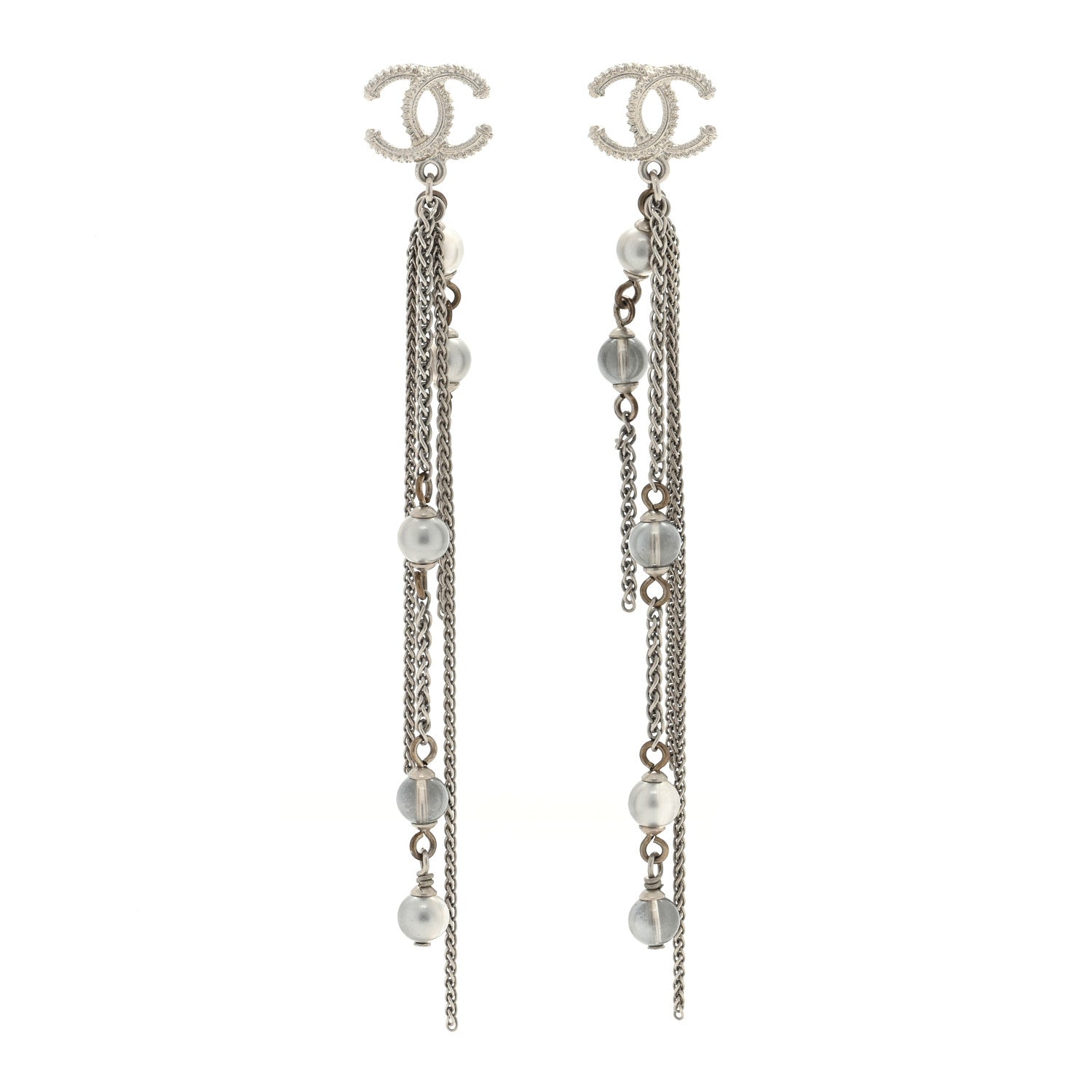 Chanel Metal Chain Pearl CC Drop Earrings Silver 1 of 4