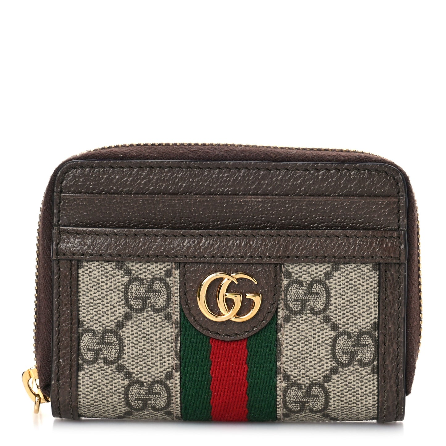 GG Supreme Monogram Textured Dollar Calfskin Web Ophidia Zip Around Card Case Wallet Beige Ebony New Acero