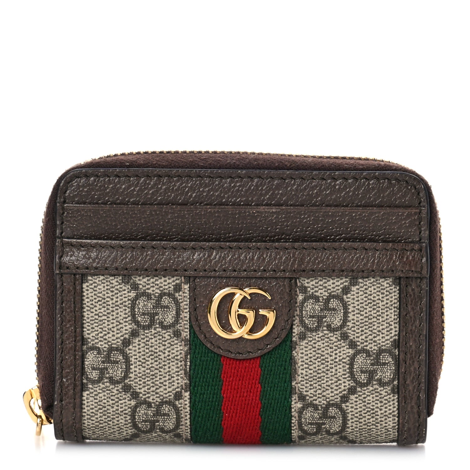 Gucci GG Supreme Monogram Textured Dollar Calfskin Web Ophidia Zip Around Card Case Wallet Beige Ebony New Acero 1 of 9