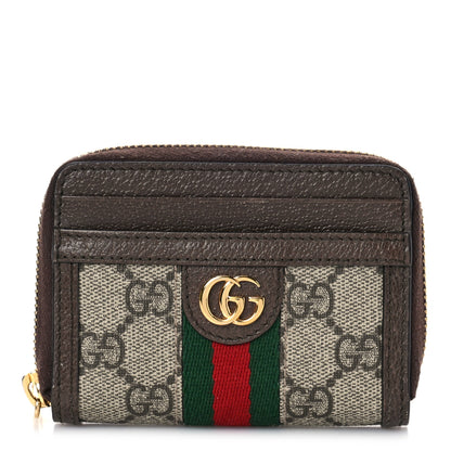 Gucci GG Supreme Monogram Textured Dollar Calfskin Web Ophidia Zip Around Card Case Wallet Beige Ebony New Acero 1 of 9