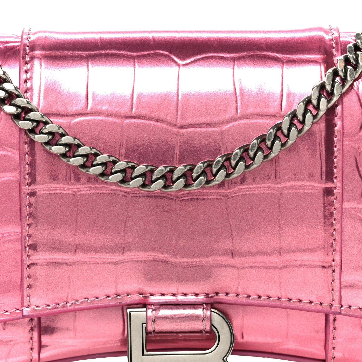 Balenciaga Metallic Shiny Calfskin Crocodile Embossed Hourglass Chain Bag Pink 9 of 11