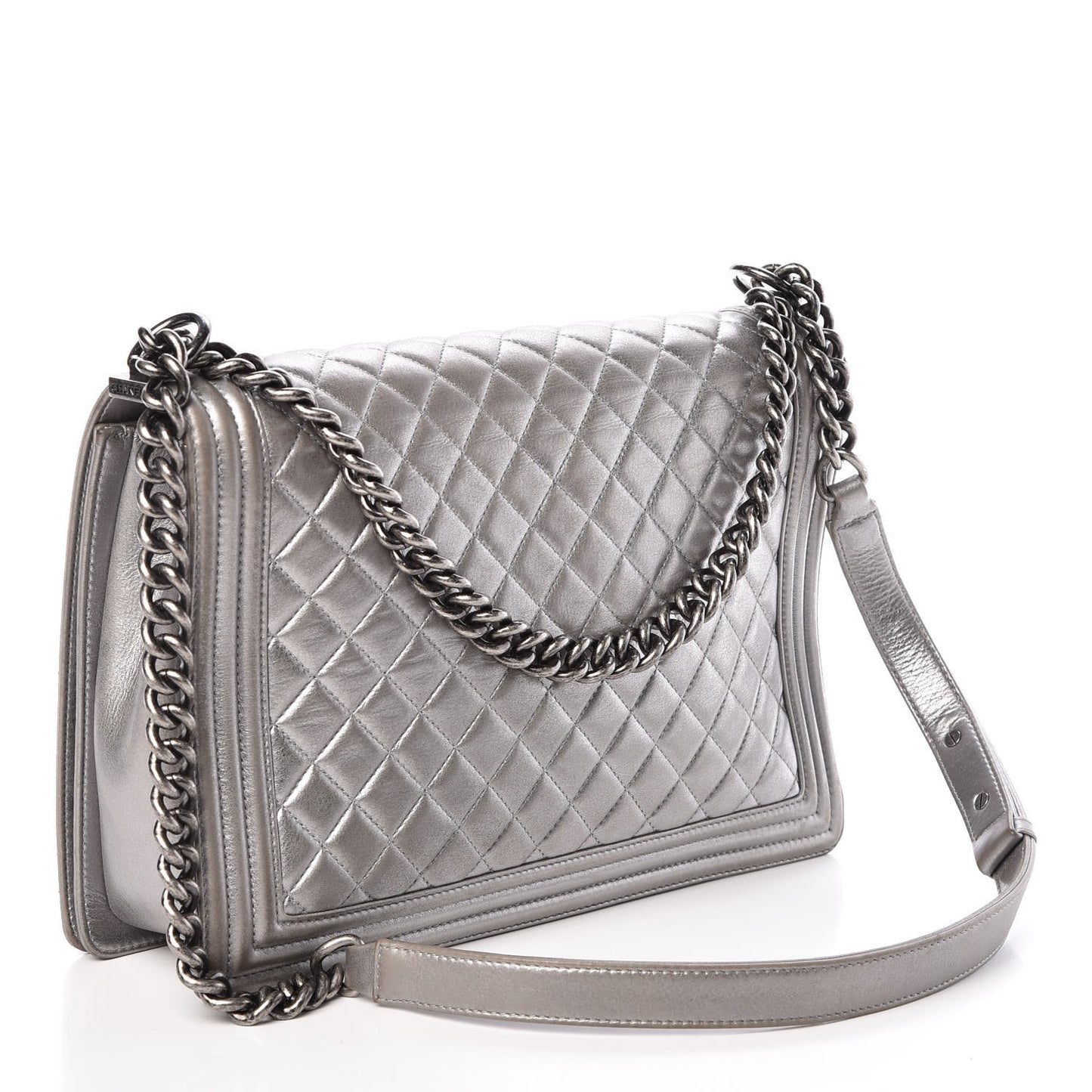 Metallic Calfskin Quilted Large Boy Flap Silver