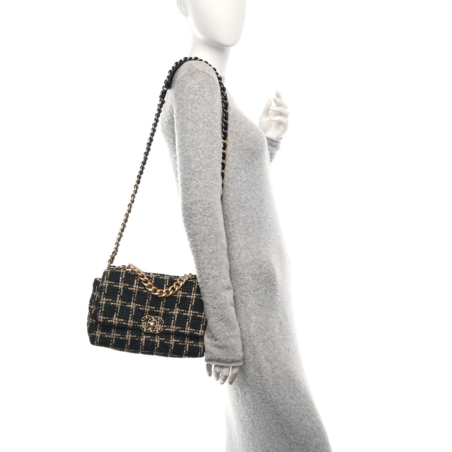 Chanel Tweed Quilted Medium Chanel 19 Flap Black Beige 2 of 11