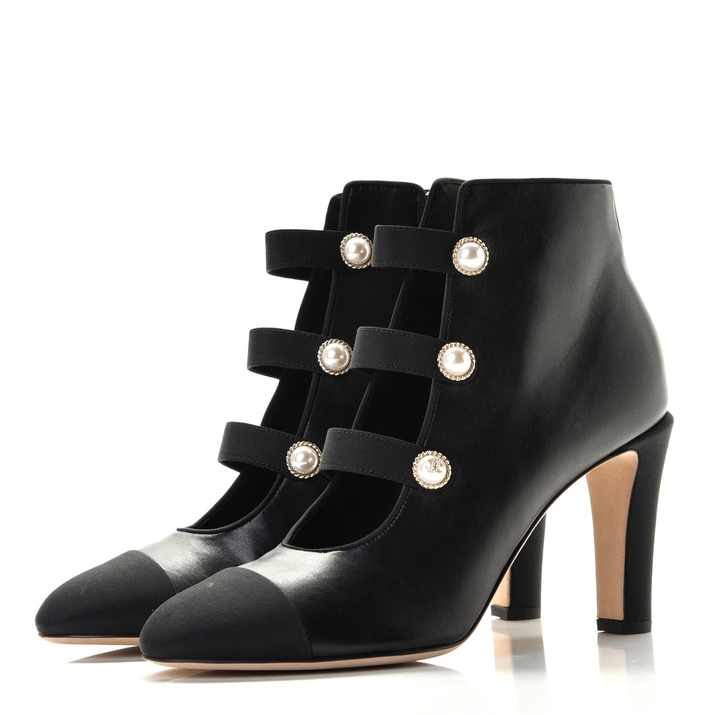Lambskin Grosgrain Cap Toe Pearl Ankle Boots 39.5 Black
