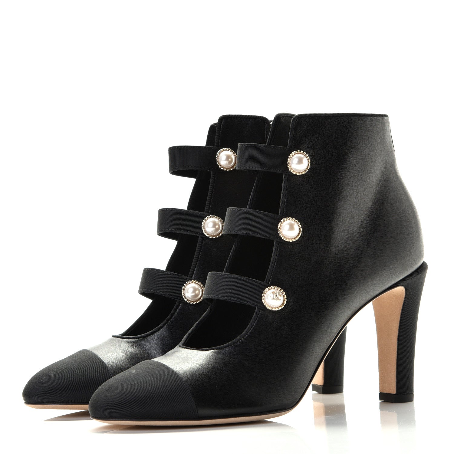 Chanel Lambskin Grosgrain Cap Toe Pearl Ankle Boots 39.5 Black 3 of 6