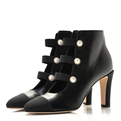Chanel Lambskin Grosgrain Cap Toe Pearl Ankle Boots 39.5 Black 3 of 6