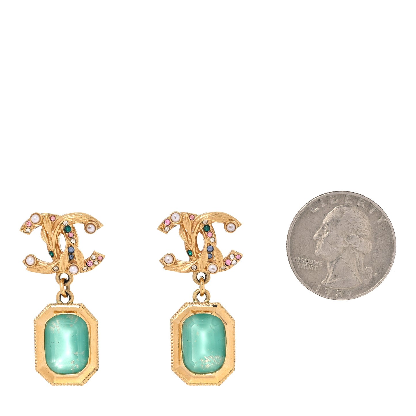 Crystal Pearl Glitter CC Drop Earrings Gold Green