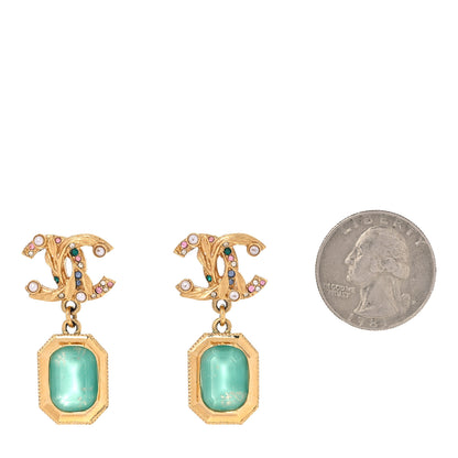 Chanel Crystal Pearl Glitter CC Drop Earrings Gold Green 2 of 5