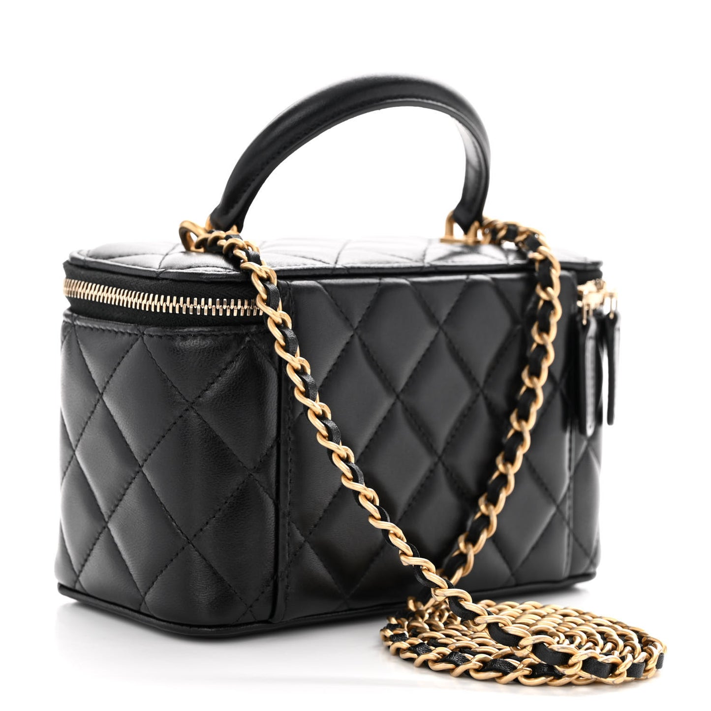 Lambskin Quilted Small Top Handle Vanity Case With Chain Black