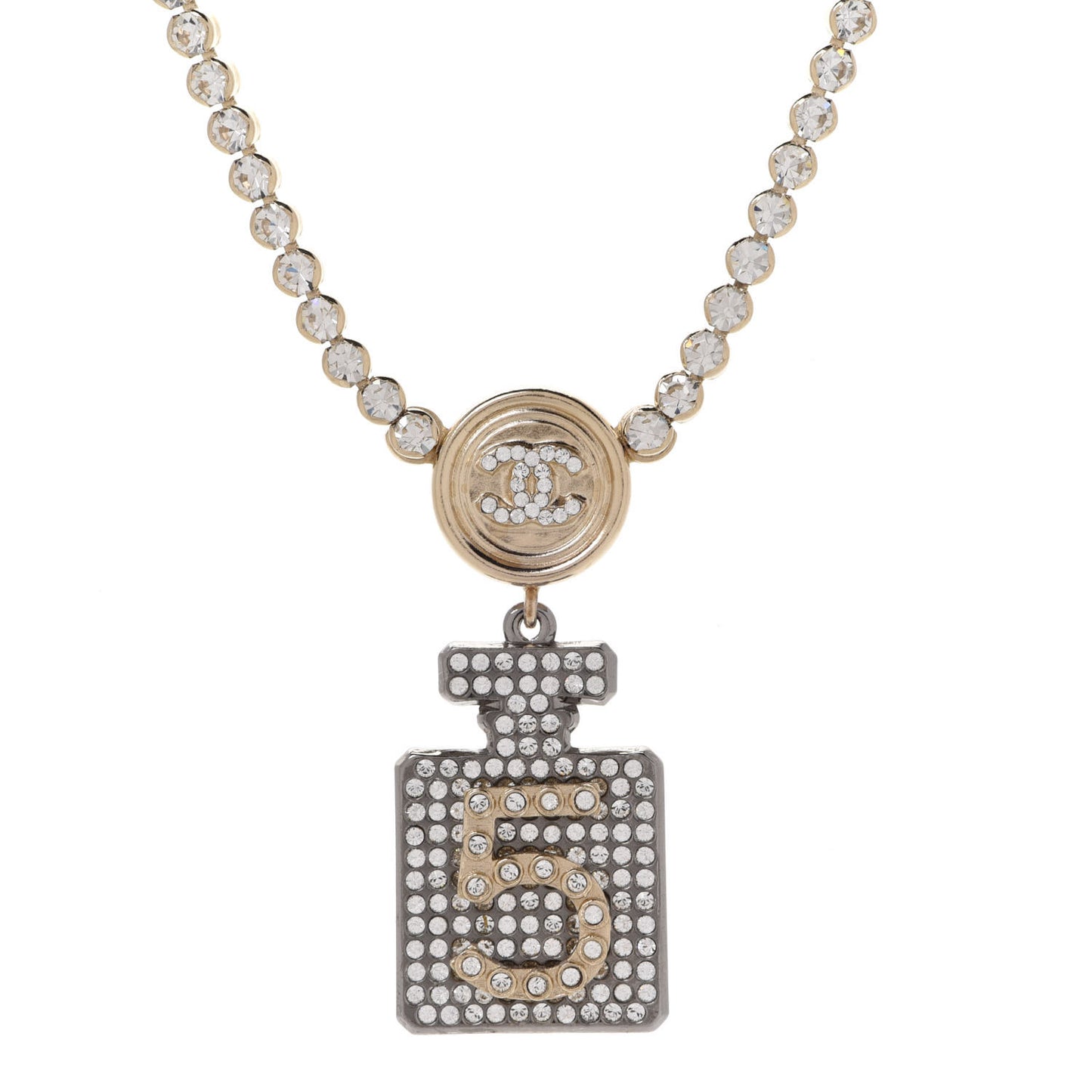 Crystal CC Perfume Bottle Necklace Gold