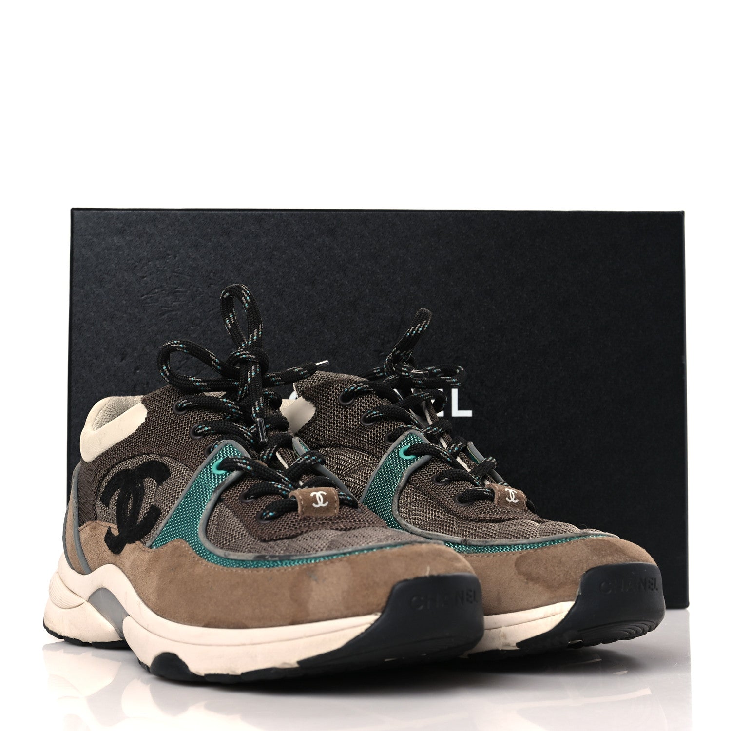 Chanel Nylon Calfskin Suede Womens CC Sneakers 40.5 Brown Green 12 of 12