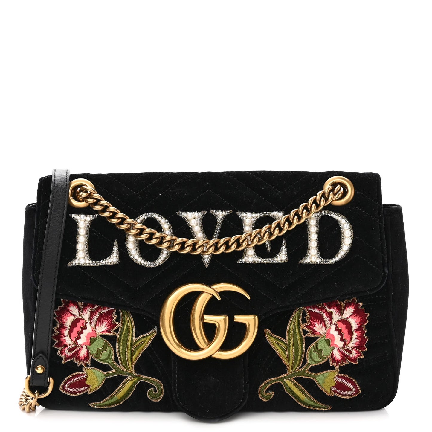 Velvet Matelasse Loved Embroidered Medium GG Marmont Shoulder Bag Black
