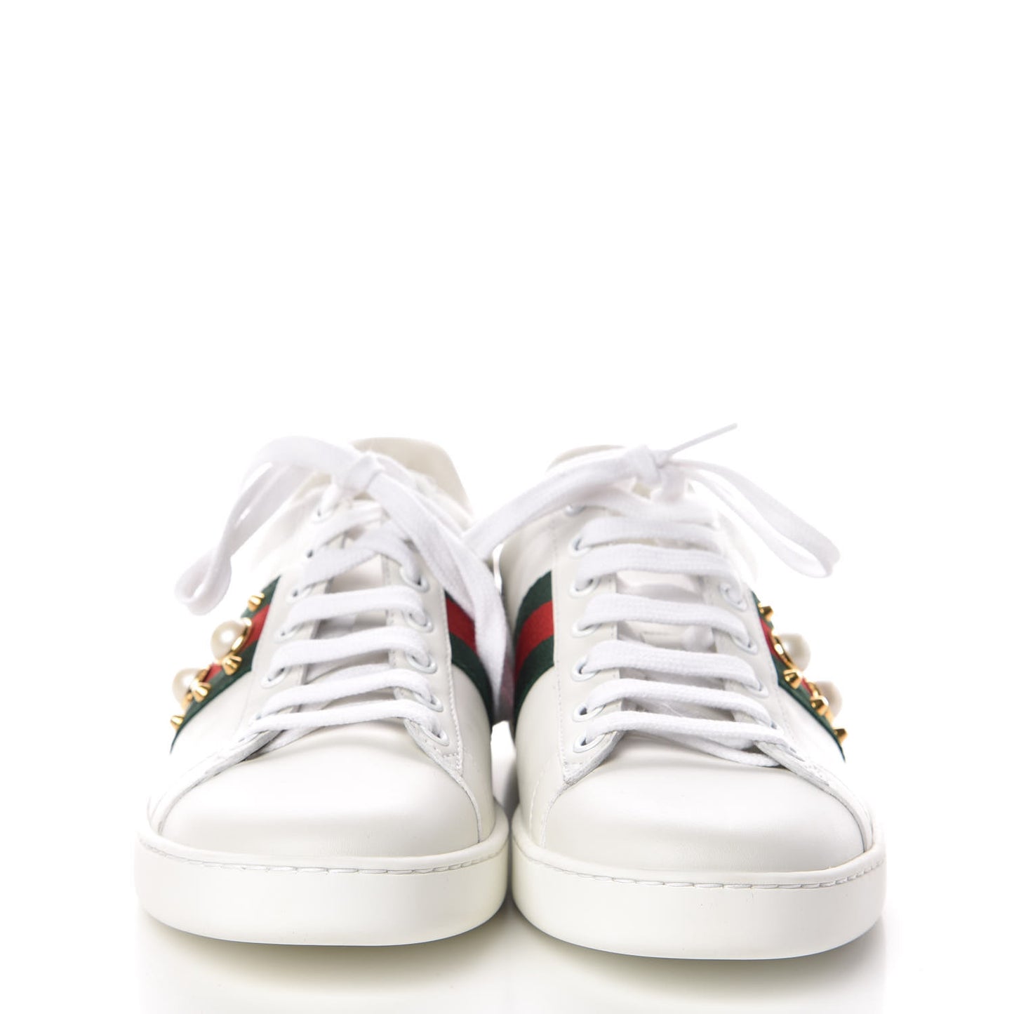 Calfskin Web Pearl Studded Womens Ace Sneakers 37.5 White