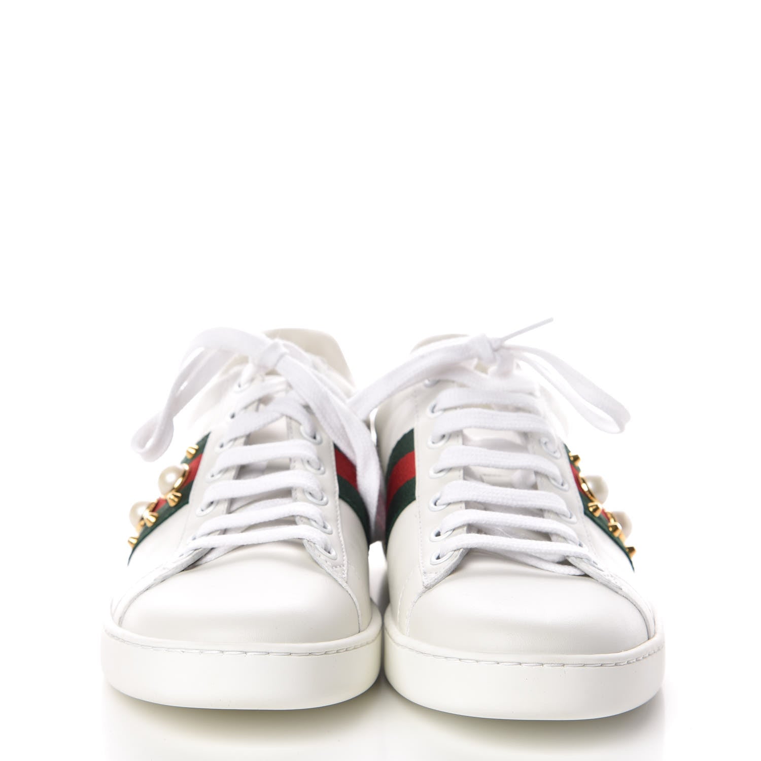 Gucci Calfskin Web Pearl Studded Womens Ace Sneakers 37.5 White 2 of 9