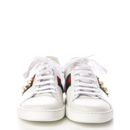 Gucci Calfskin Web Pearl Studded Womens Ace Sneakers 37.5 White 2 of 9