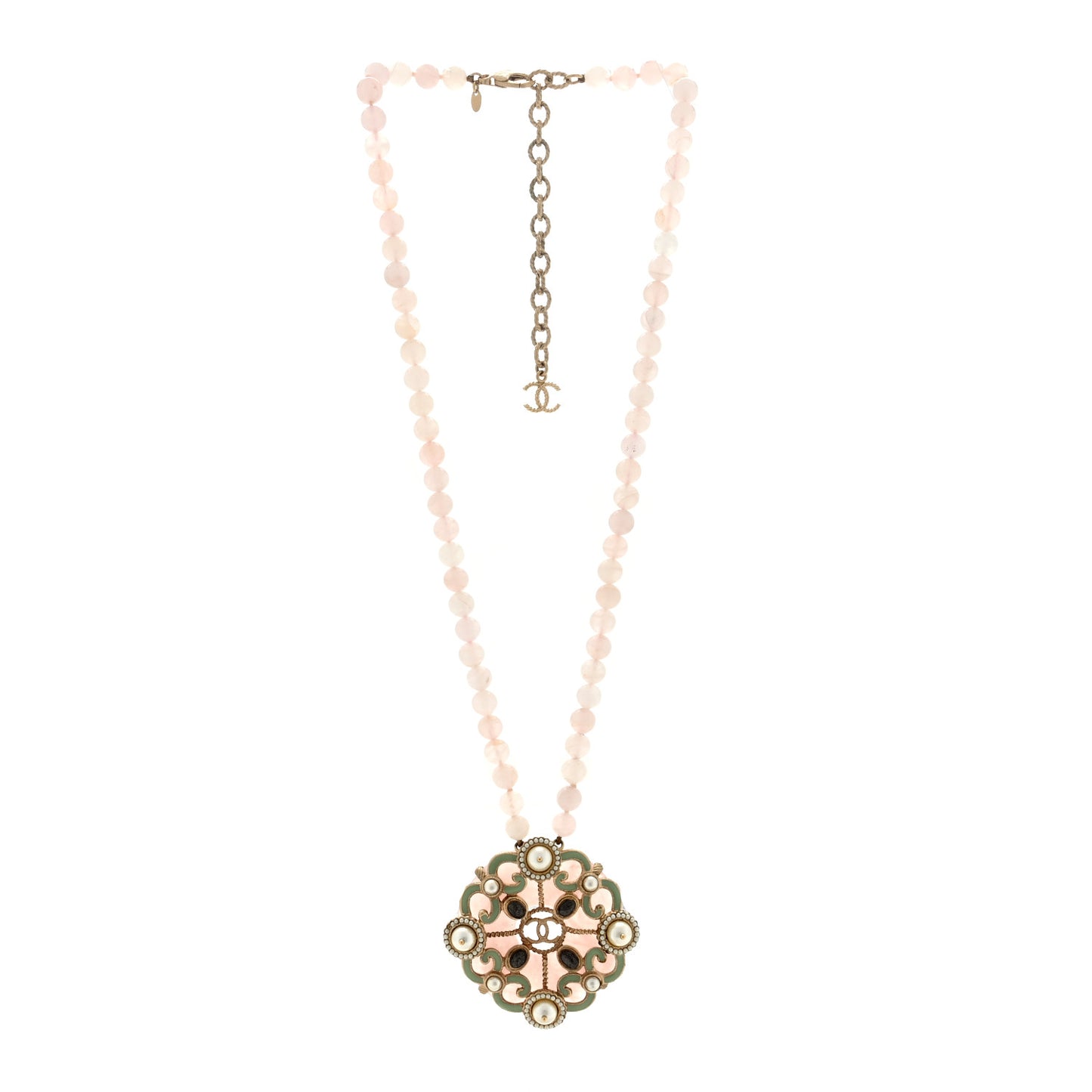 Rose Quartz Pearl Crystal CC Pendant Necklace Gold