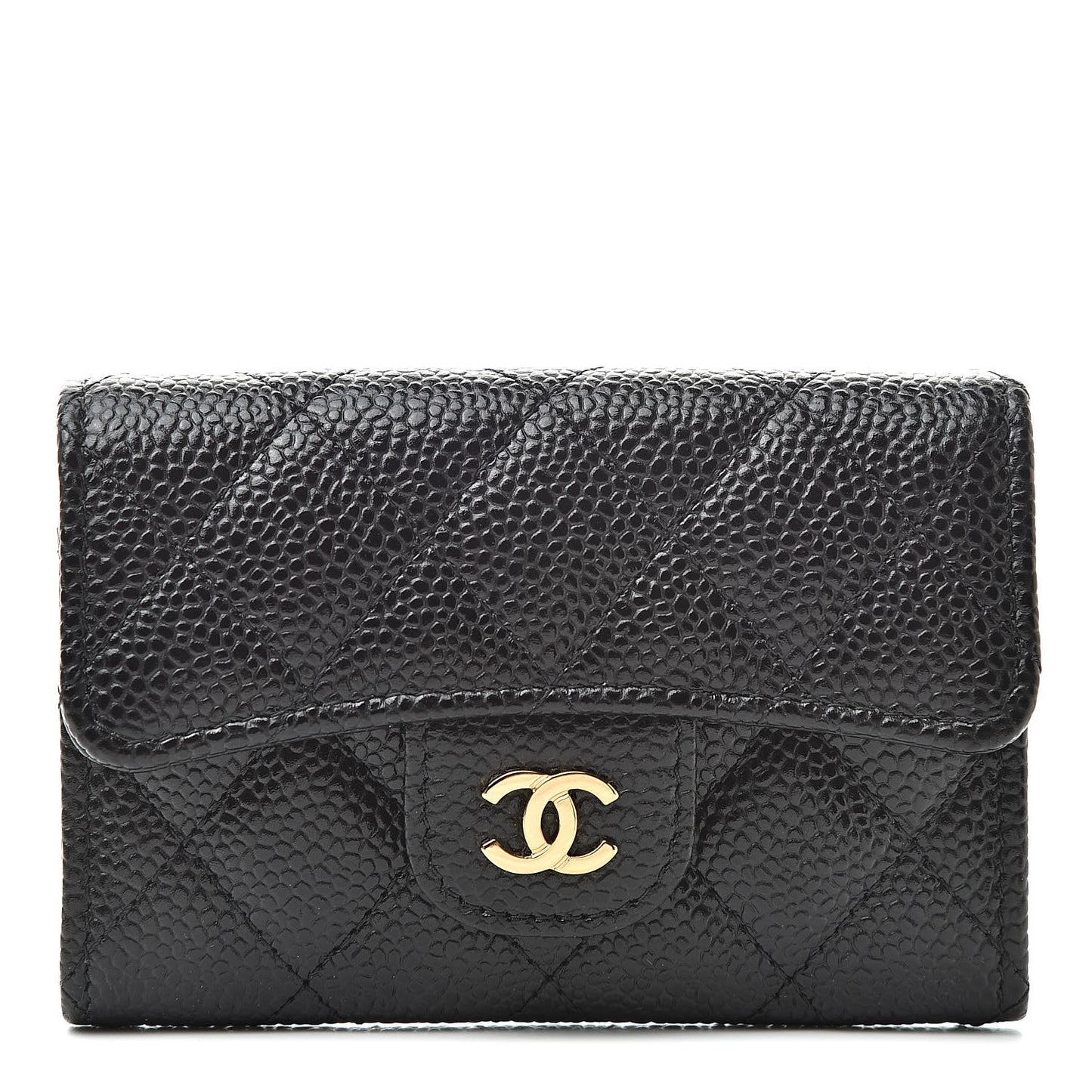 Caviar Quilted Flap Card Holder Wallet Black