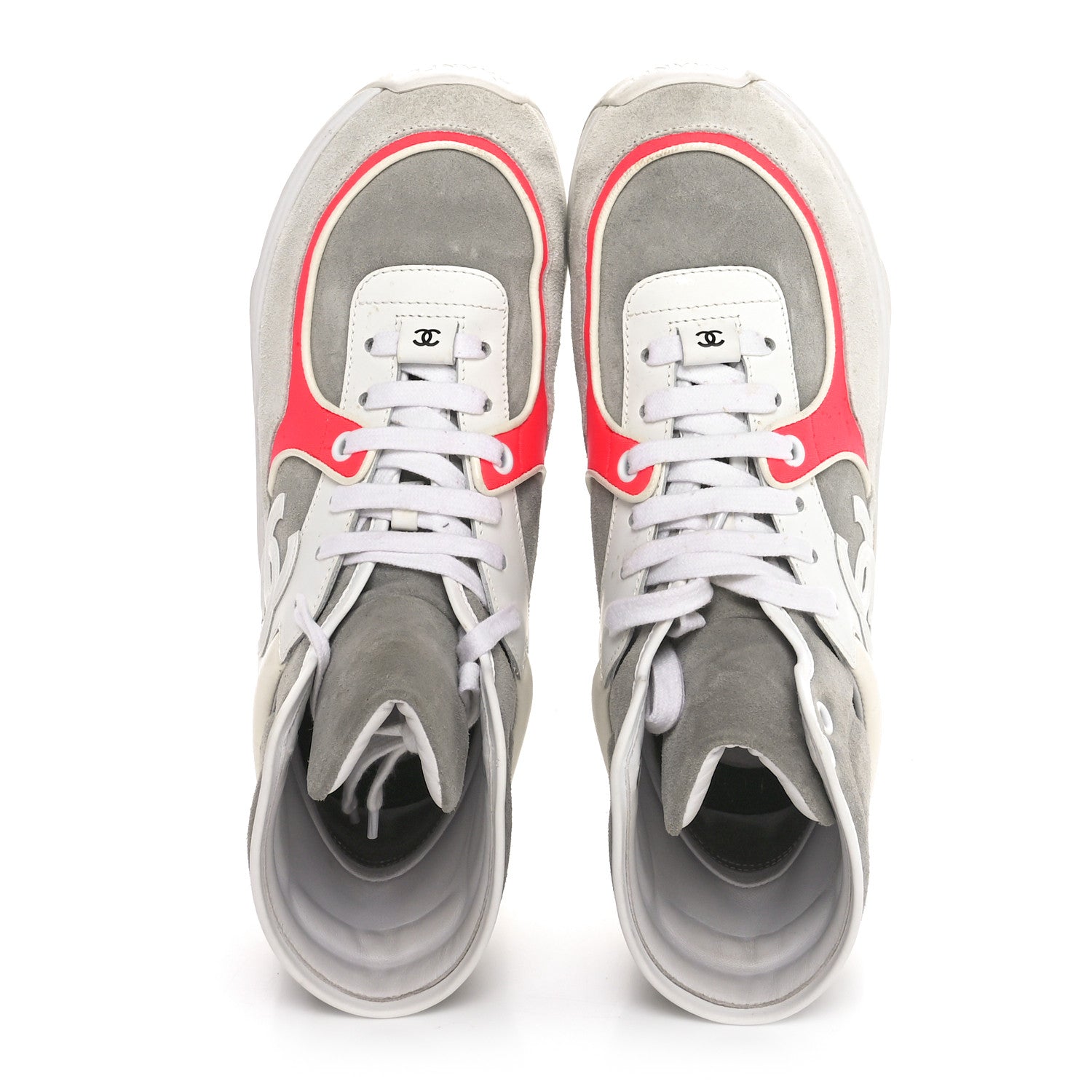 Chanel Suede Calfskin Lambskin Neoprene High Top CC Sneakers 37 White Fluo Pink Grey 2 of 8
