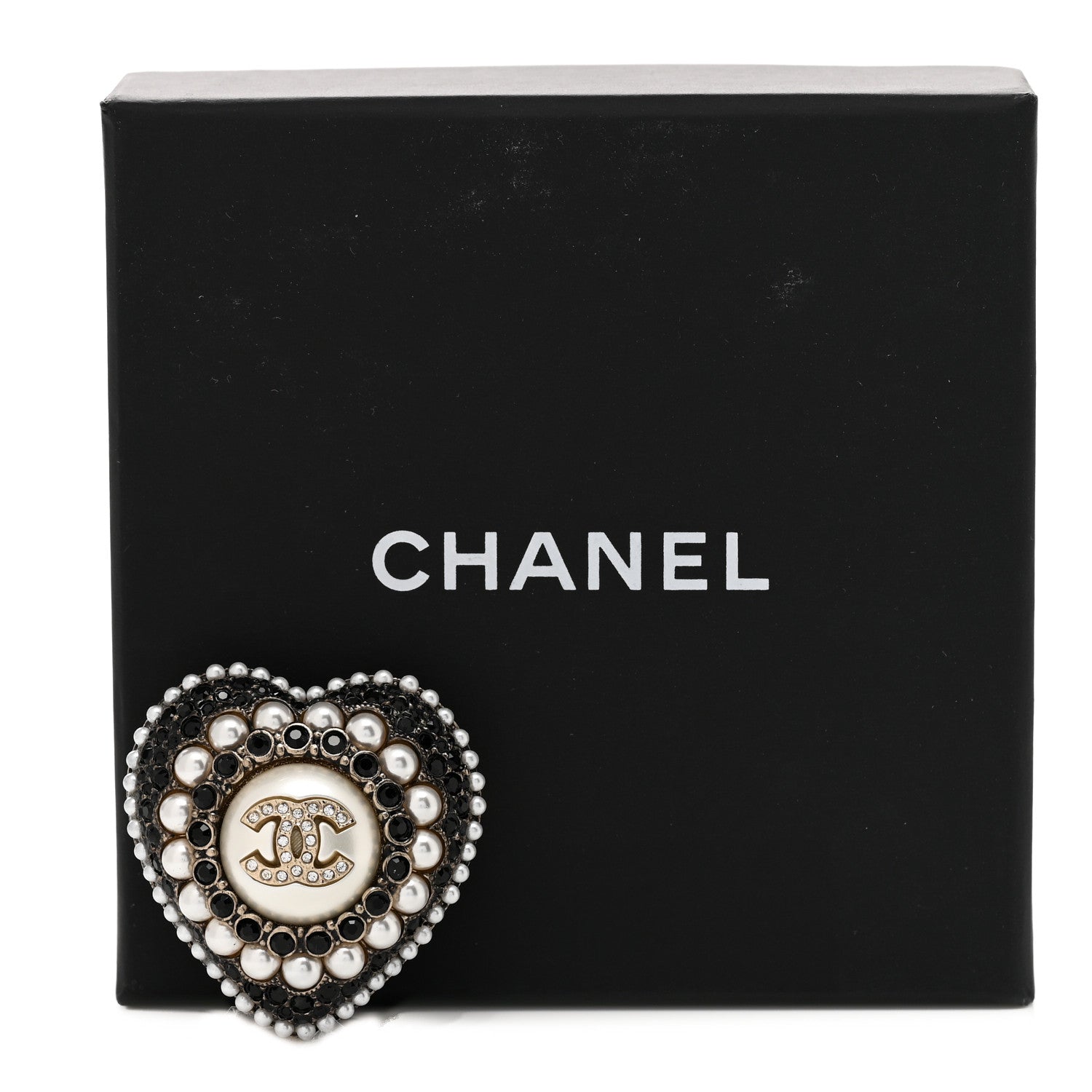 Chanel Crystal Pearl CC Heart Brooch Gold Black White 5 of 5