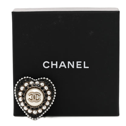 Chanel Crystal Pearl CC Heart Brooch Gold Black White 5 of 5