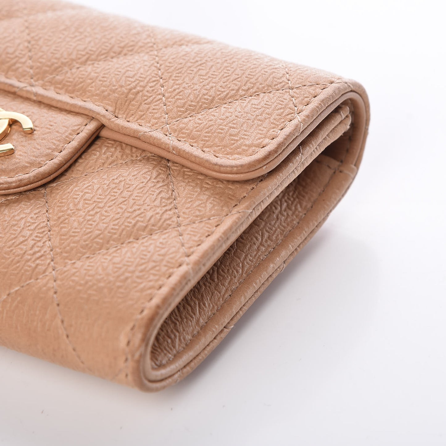 Letter Calfskin Embossed Quilted Card Holder Beige