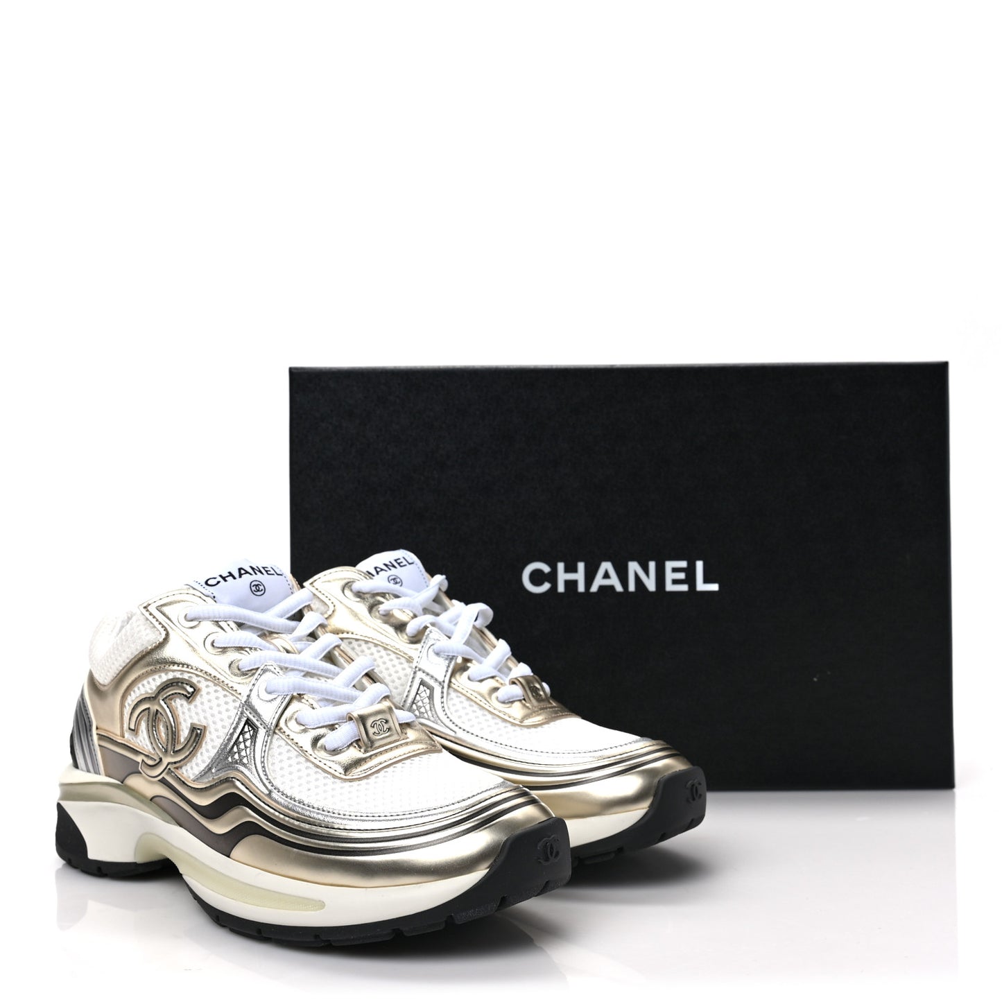 Fabric Laminated Calfskin Stretch CC Sneakers 37 White Gold Silver