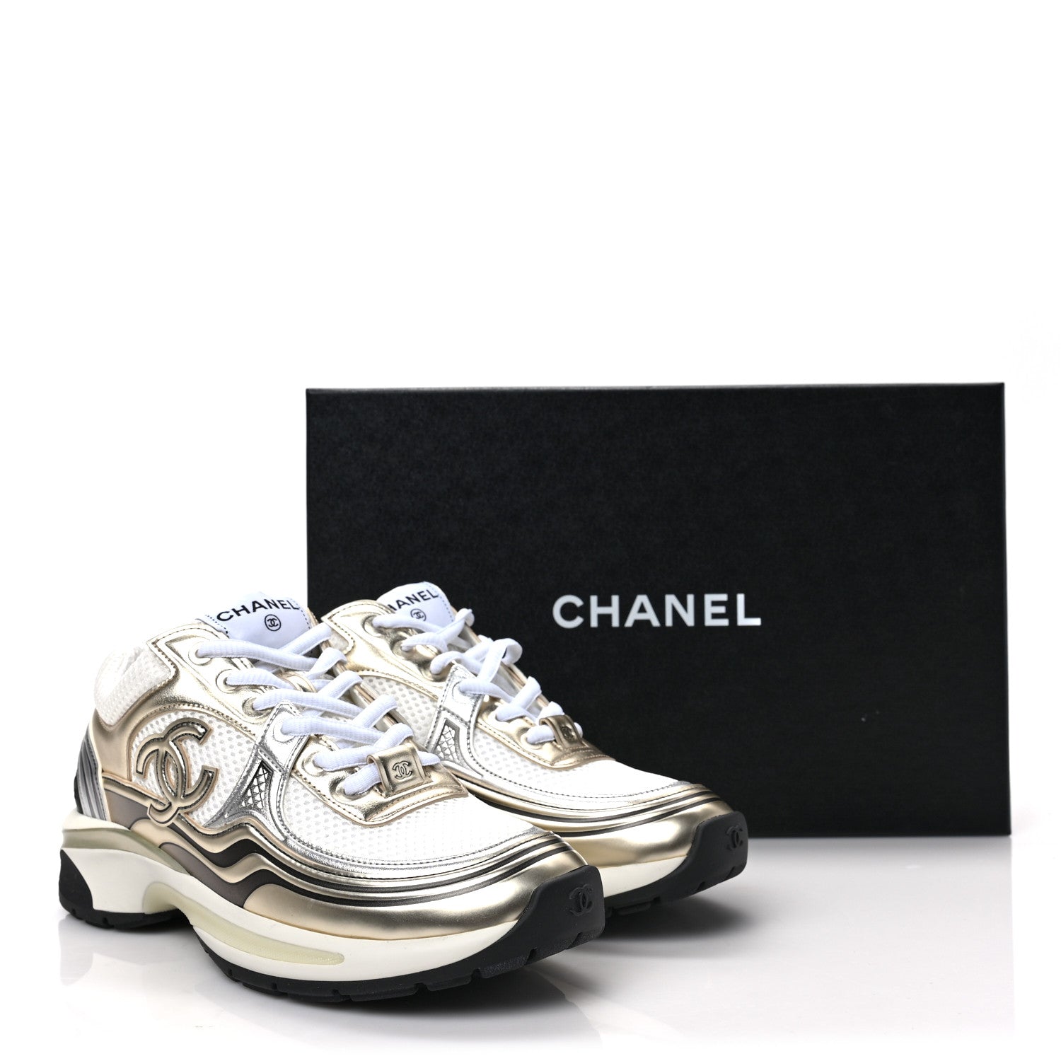 Chanel Fabric Laminated Calfskin Stretch CC Sneakers 37 White Gold Silver 8 of 8