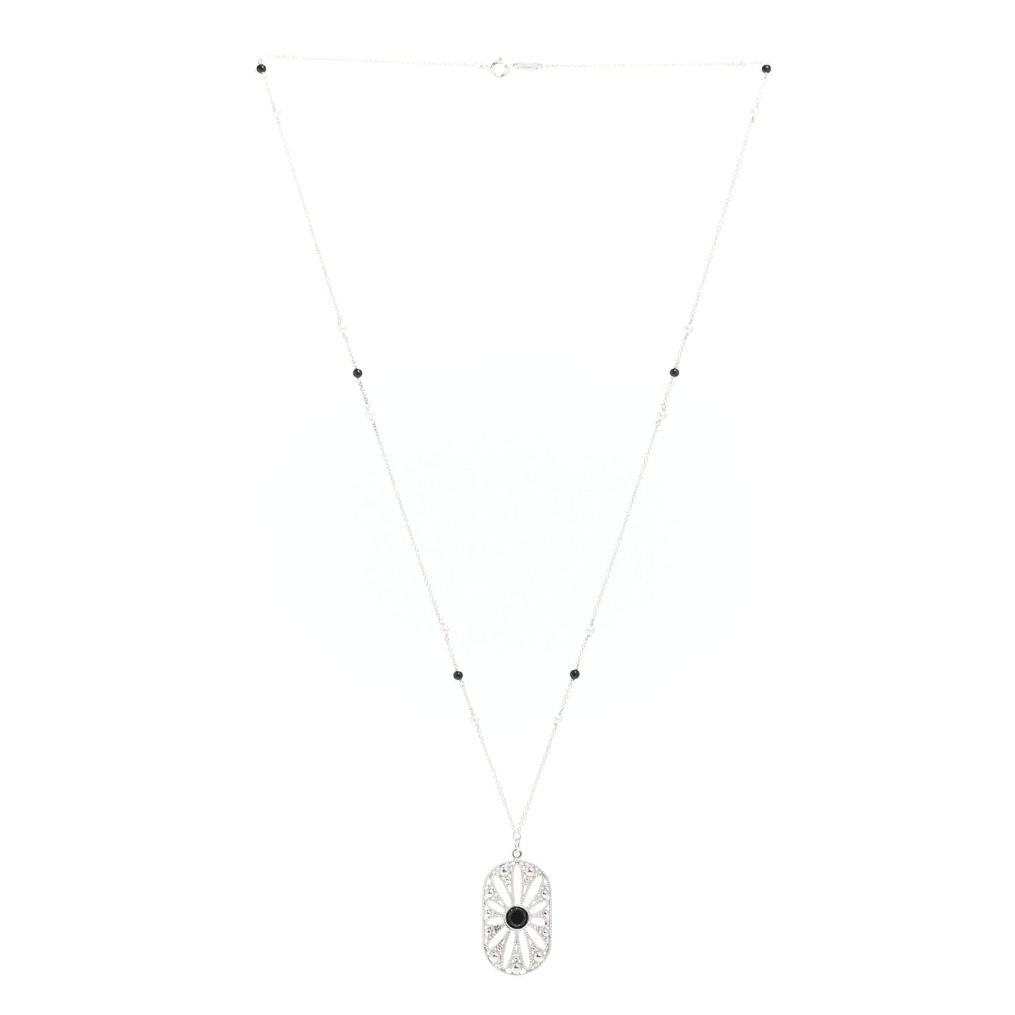 Sterling Silver Black Onyx Pearl Ziegfeld Daisy Pendant Necklace