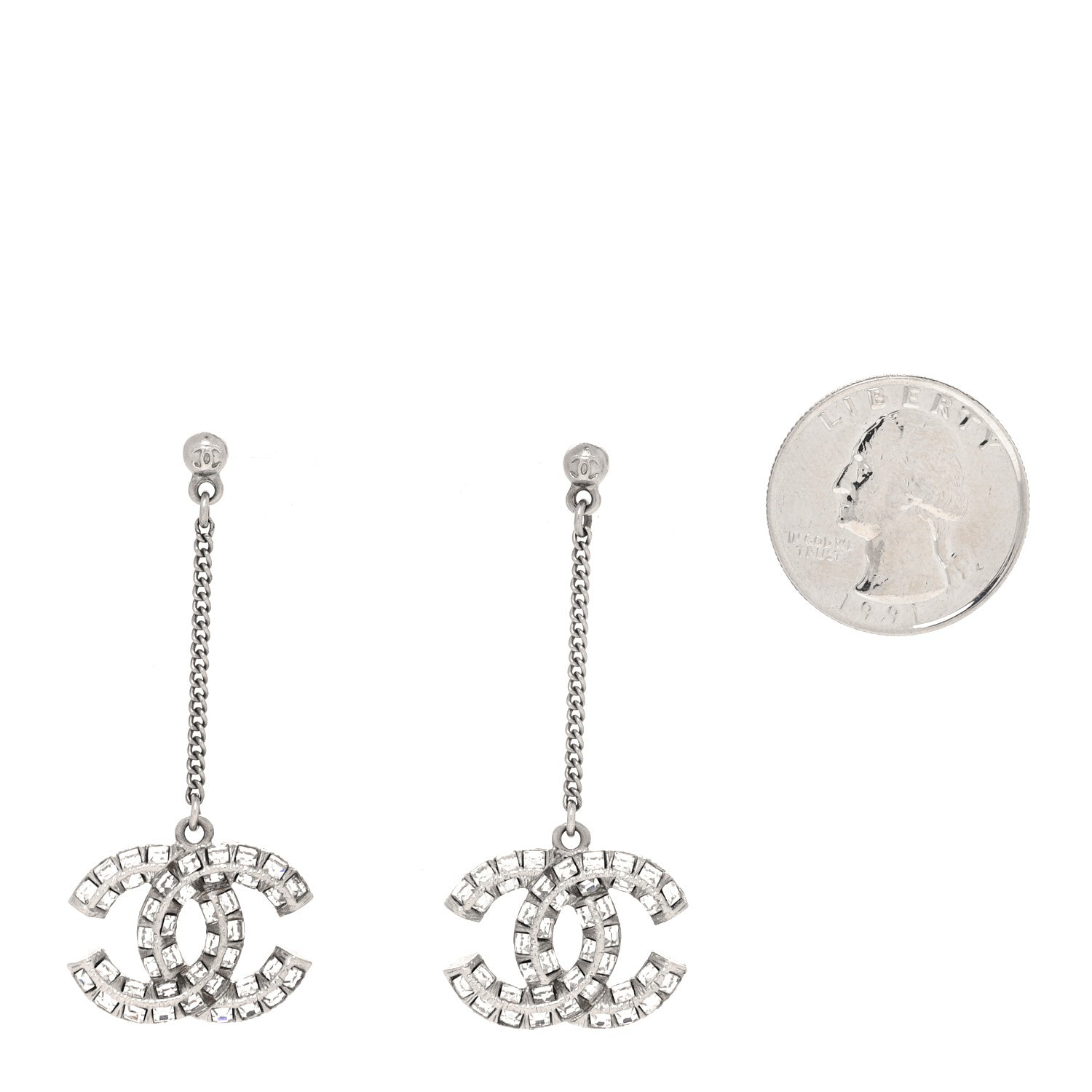 Chanel Baguette Crystal CC Drop Earrings Silver 2 of 3