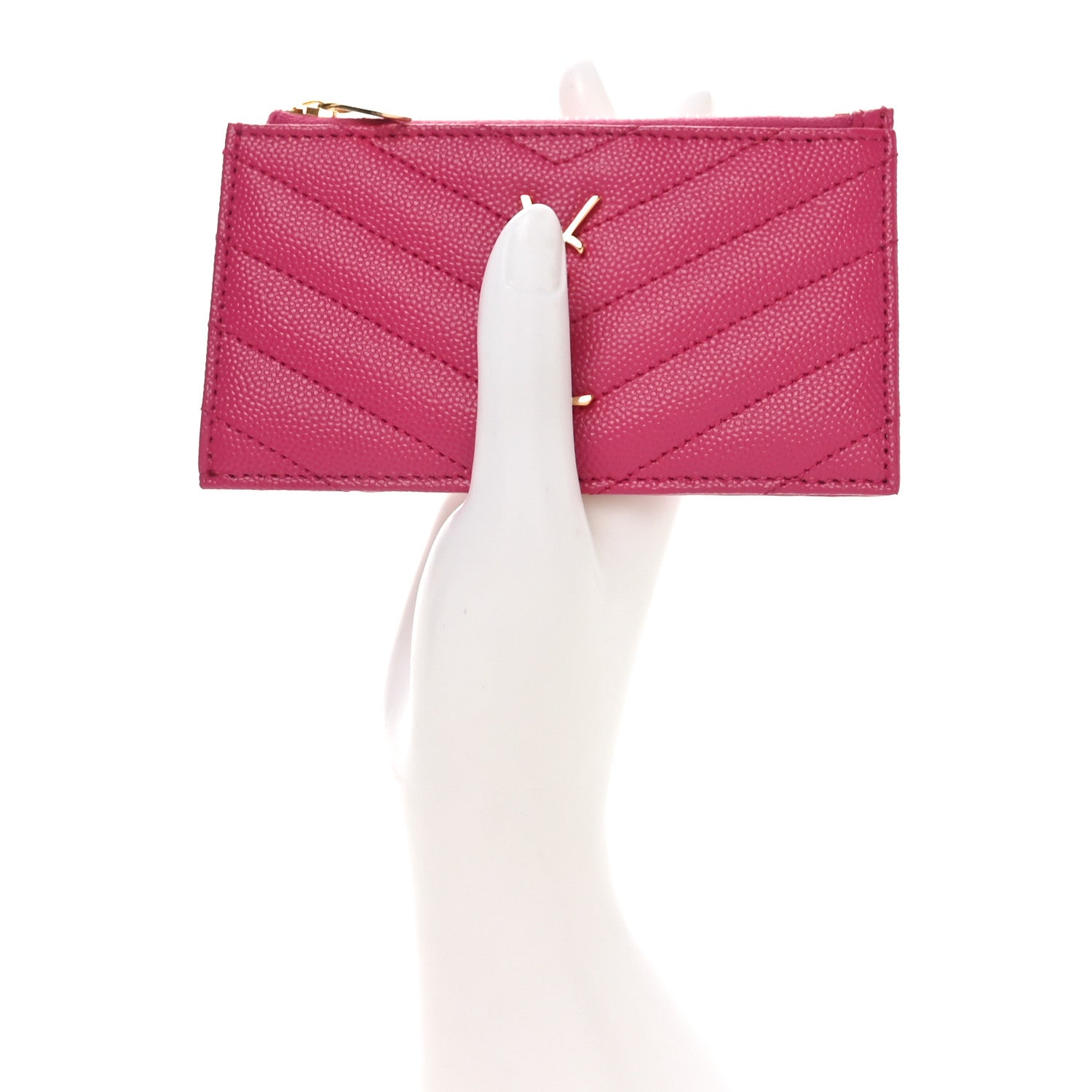 Saint Laurent Grain De Poudre Matelasse Chevron Monogram Fragments Zippered Card Case Fresh Fuxia 2 of 7